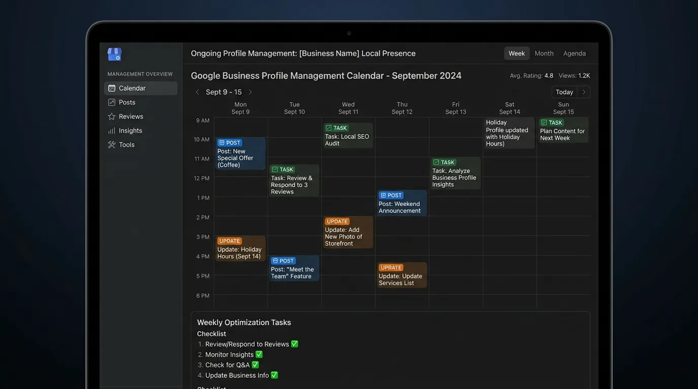 Google Business Profile management calendar showing scheduled posts and weekly optimization tasks