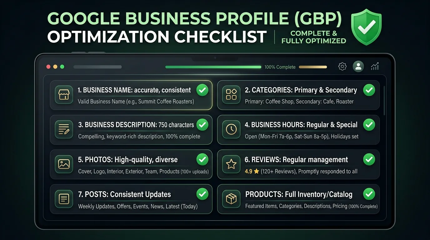 Fully optimized GBP checklist with all profile elements complete for local service businesses