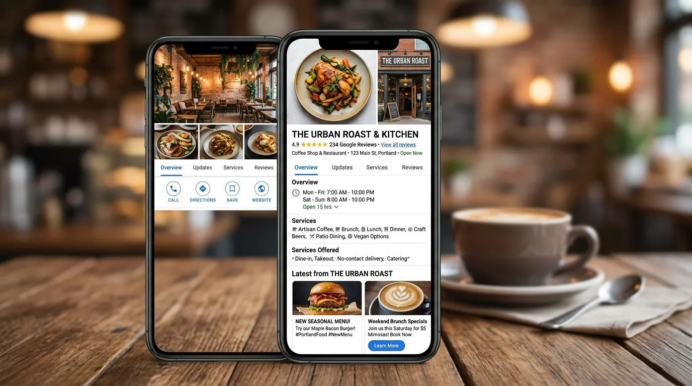 Fully optimized GBP profile on mobile with high resolution photos reviews and Google Posts