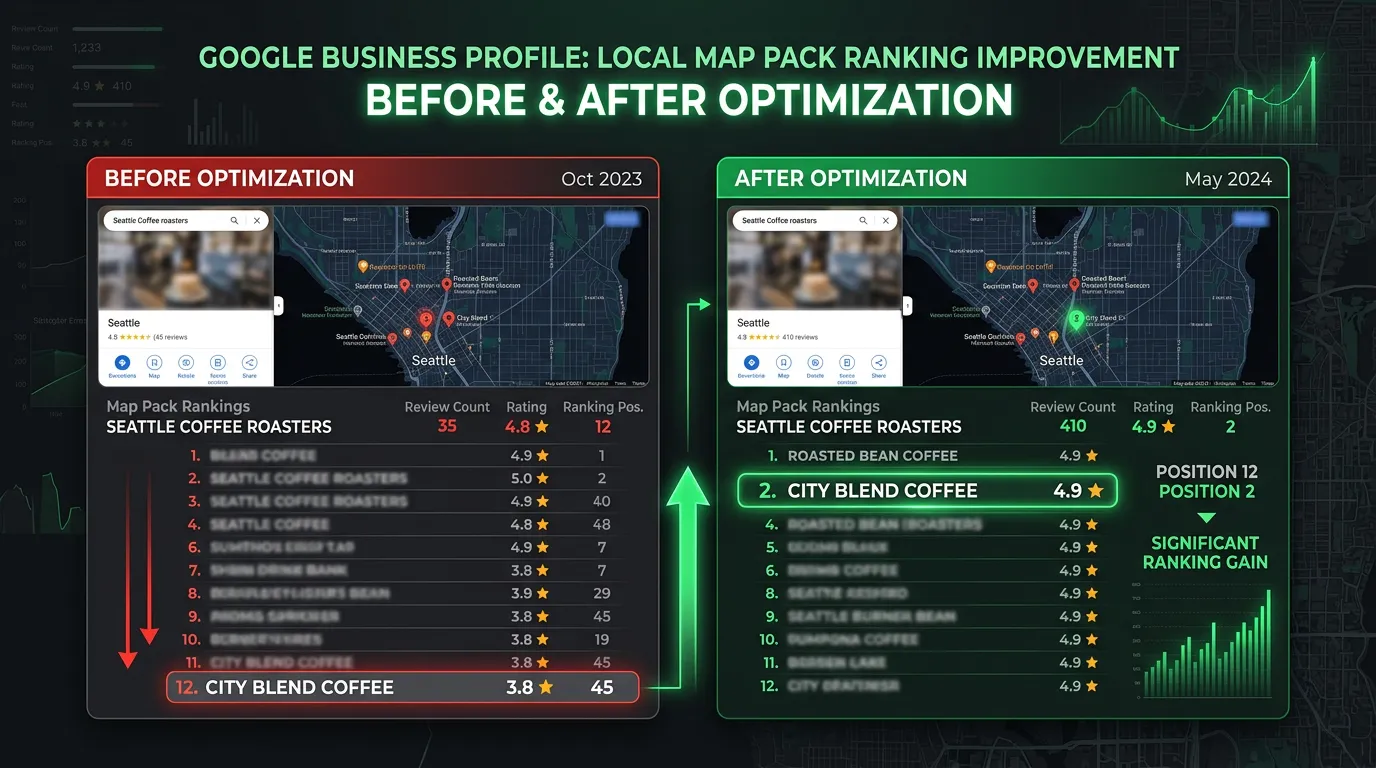 Google Business Profile map pack position shown before and after optimization