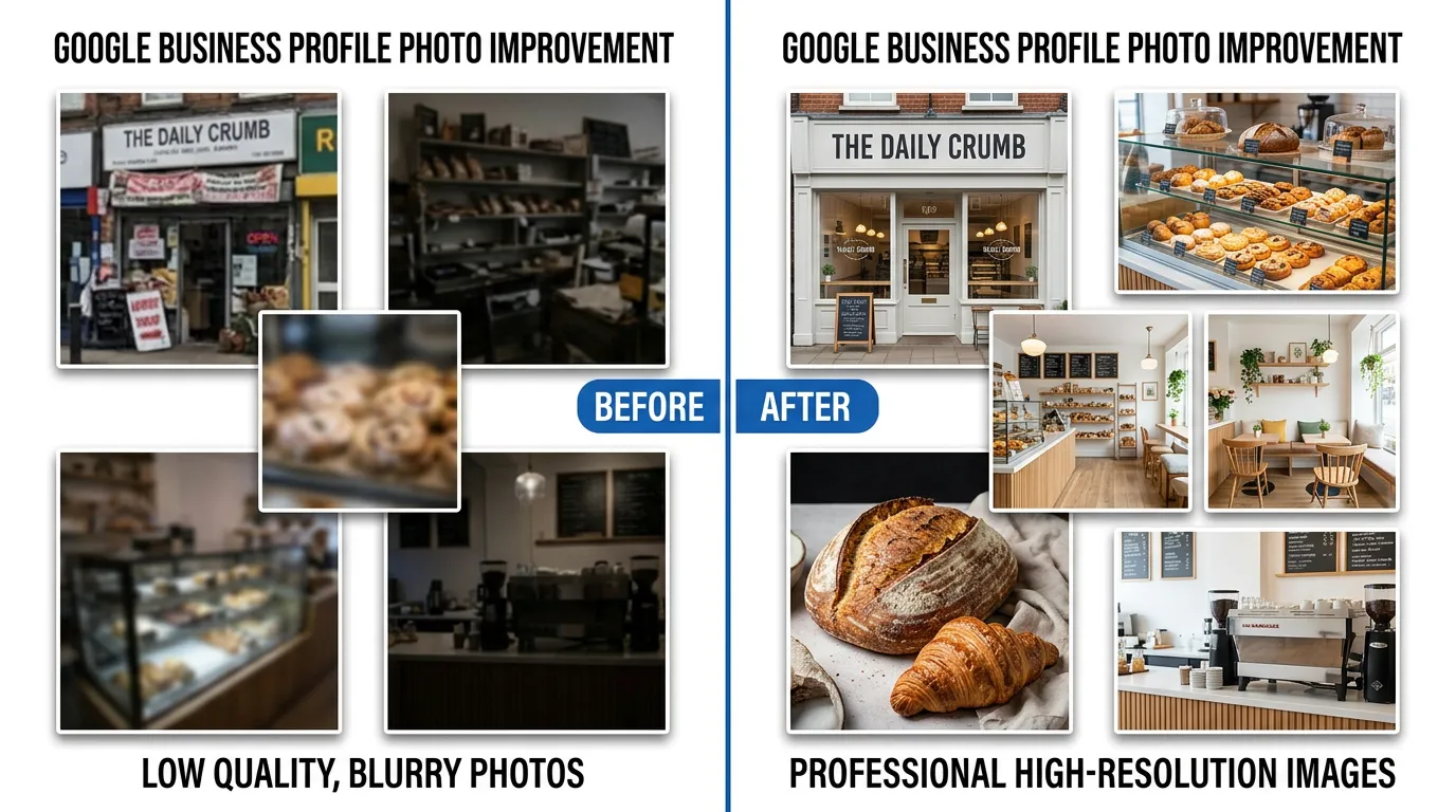 Before and after comparison showing low quality versus professional GBP photos for local business