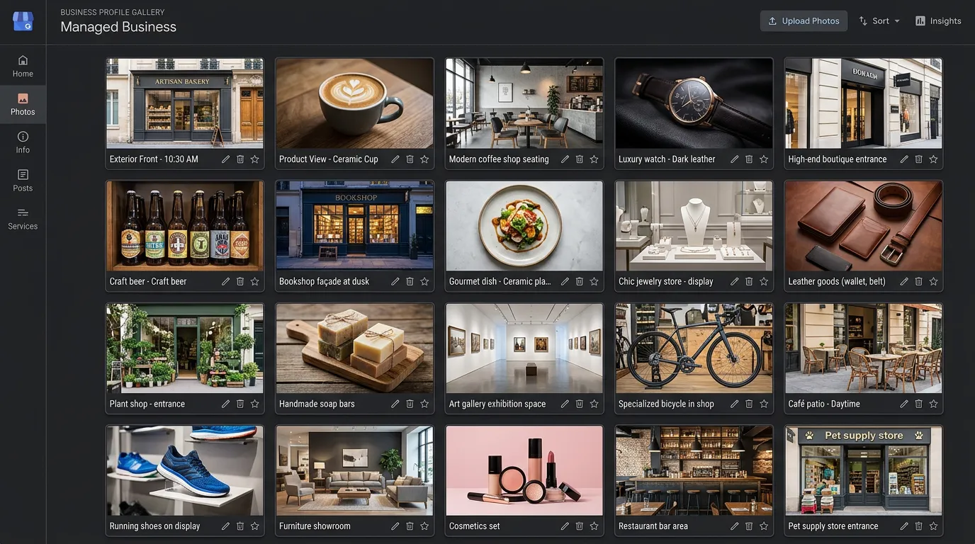 Professional photo gallery grid organized for Google Business Profile photo and video management