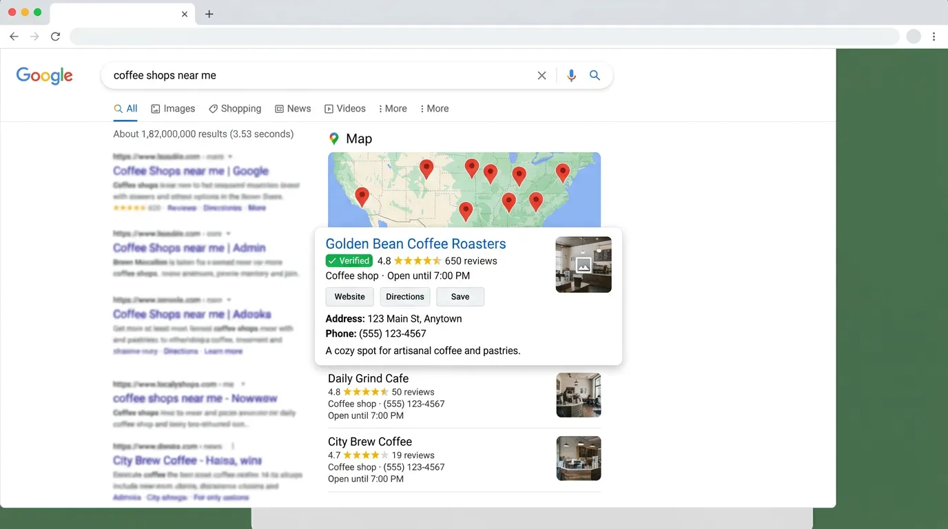 Verified Google Business Profile appearing in Google Maps local pack with star ratings and business info