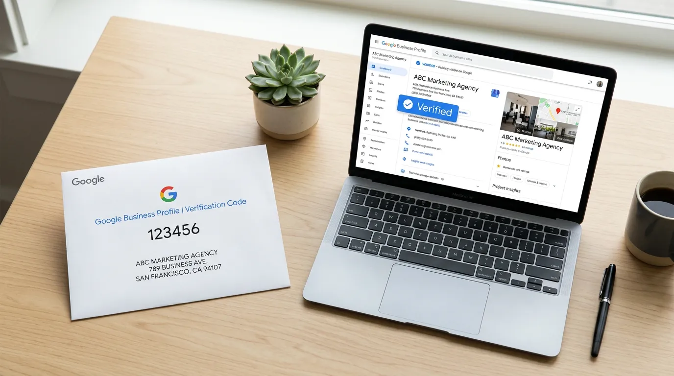 Google verification postcard next to verified business profile showing blue checkmark badge