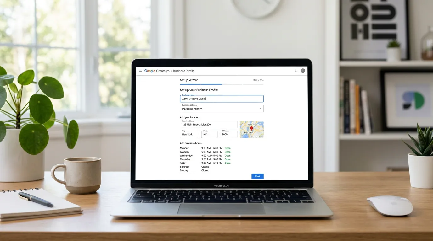 Google Business Profile setup wizard showing profile fields being completed for local business verification