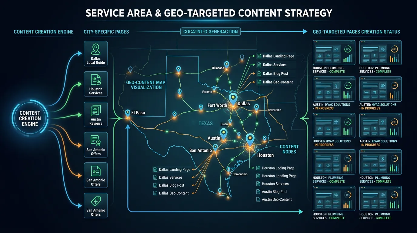 Service area content strategy showing city-specific content pages for local GEO optimization