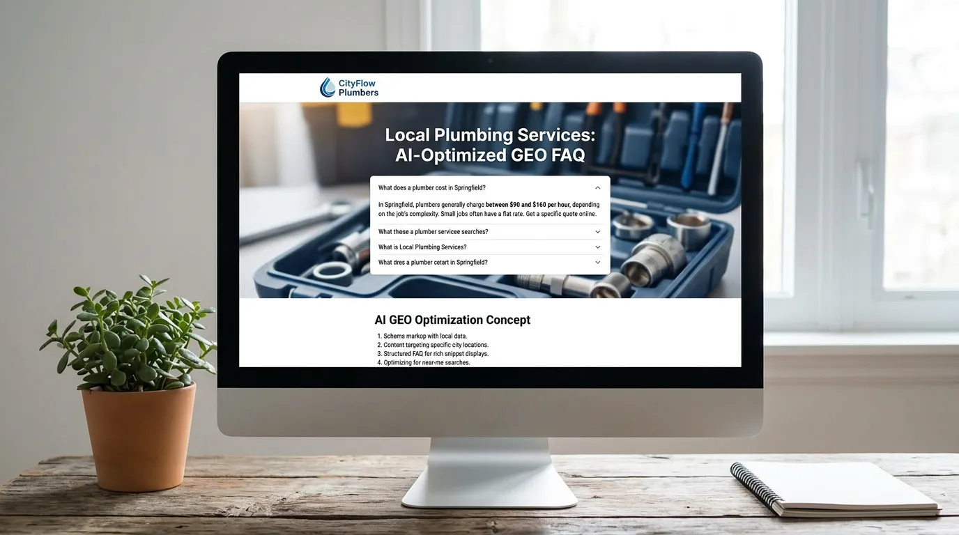 Service business website with GEO-optimized FAQ section showing direct answers for AI extraction