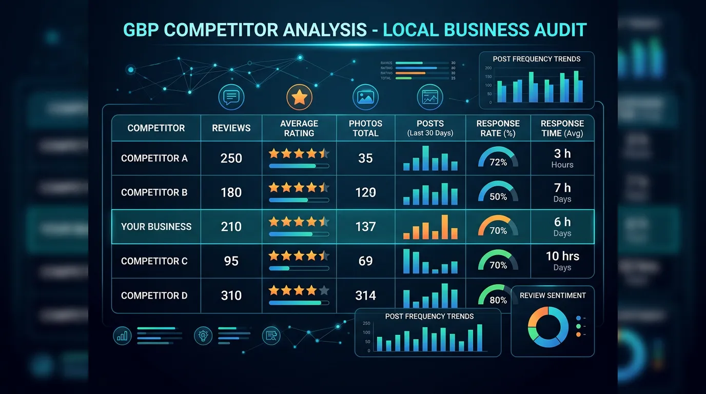 GBP competitor analysis comparing profile elements like reviews photos and posts against competitors