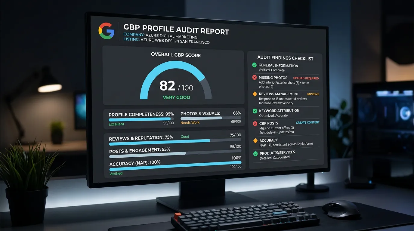 Comprehensive GBP audit report showing scores for completeness photos reviews posts and accuracy
