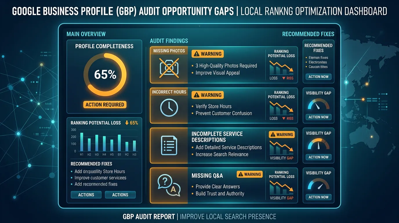 GBP audit showing opportunity gaps missing photos incorrect hours and incomplete descriptions to fix