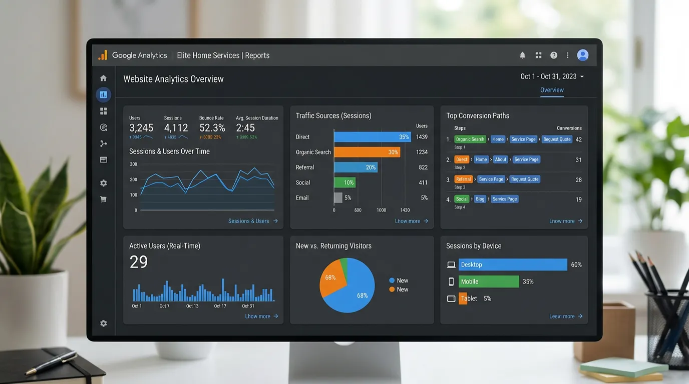 Website performance analytics showing Google Analytics dashboard with traffic sources and conversion paths