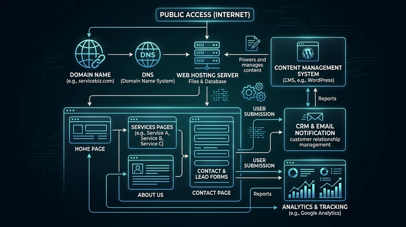 Website components diagram showing domain hosting CMS pages forms and analytics working together
