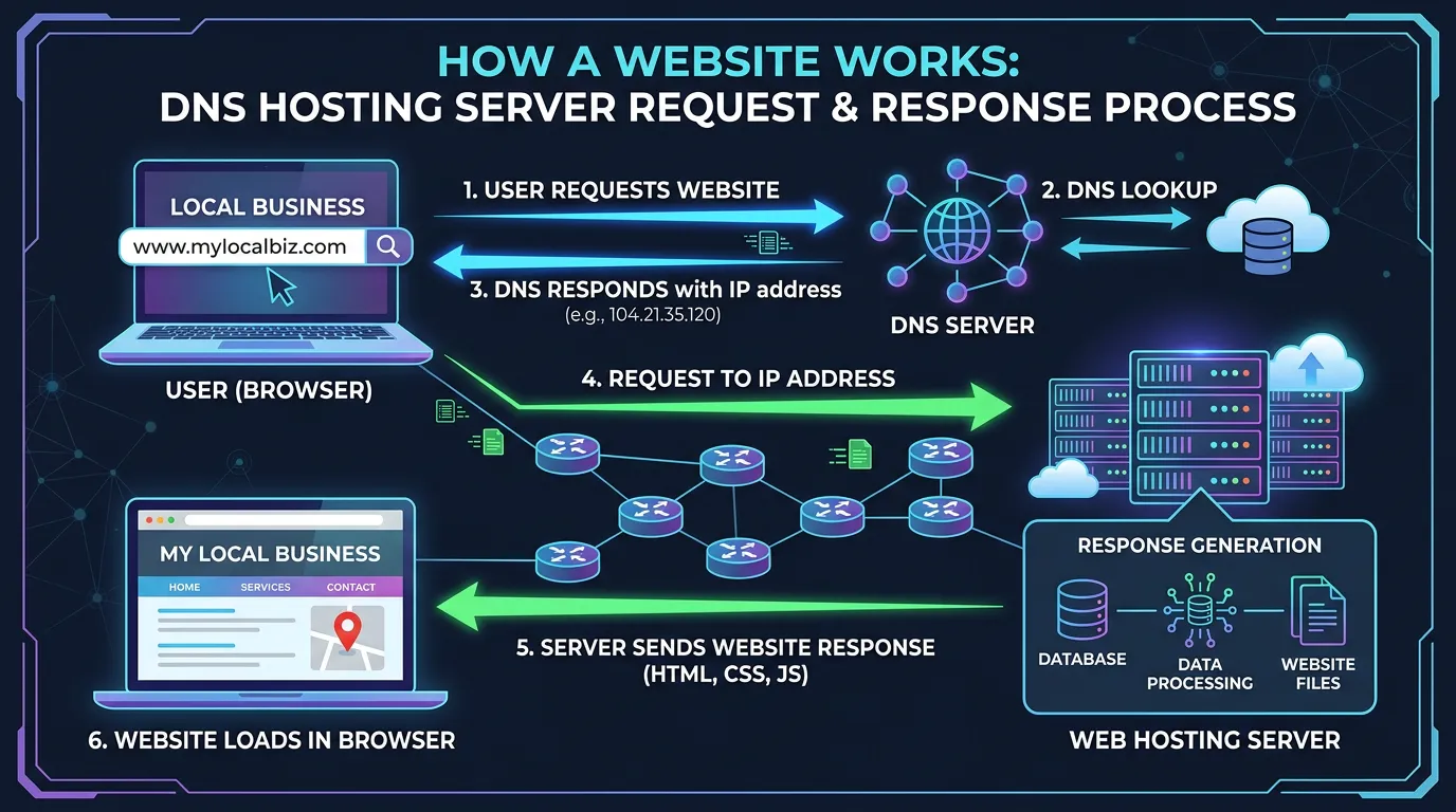 How a website works diagram showing DNS hosting server request and response process simplified