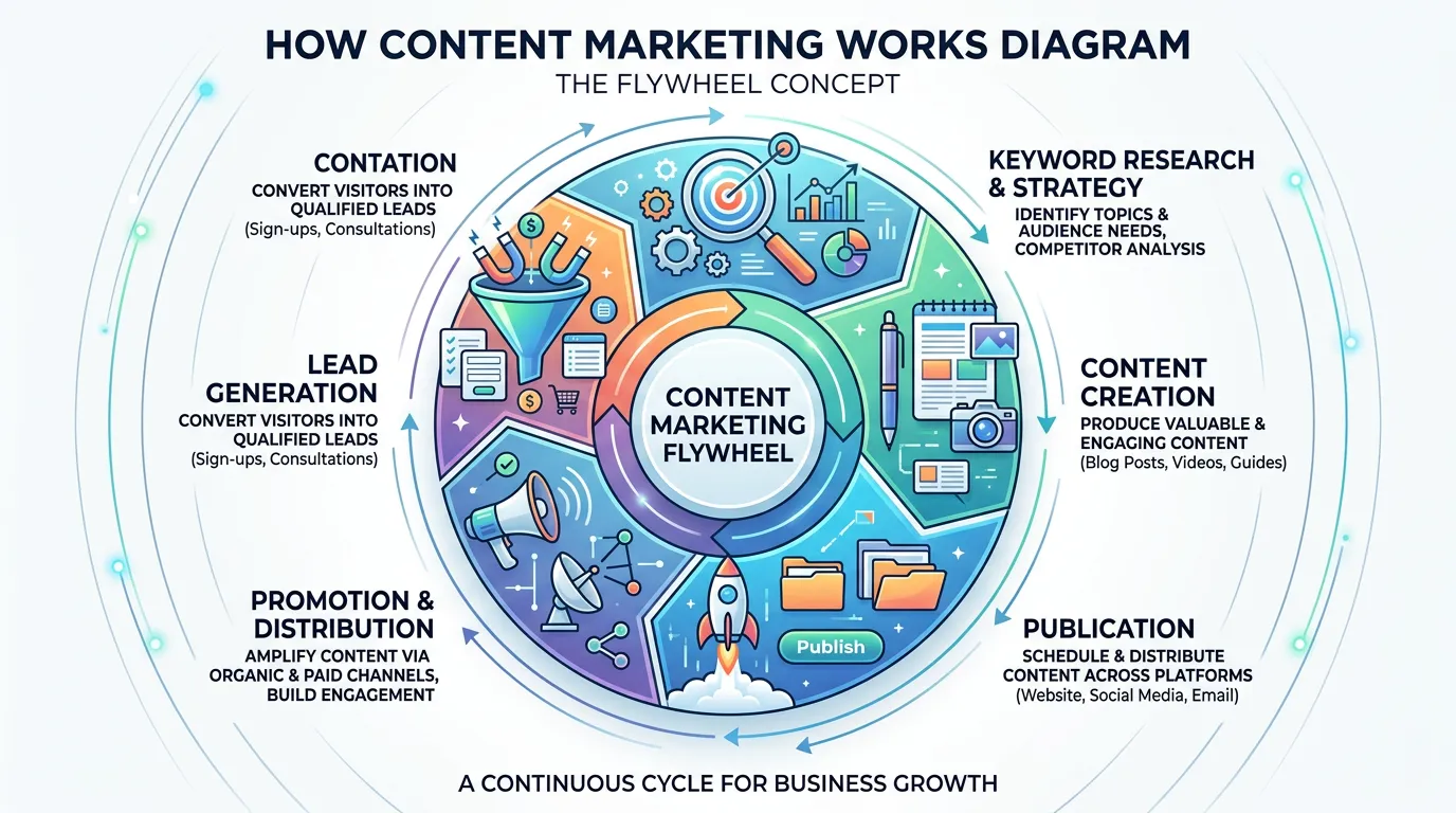 How content marketing works diagram showing cycle from keyword research to creation publication and lead generation
