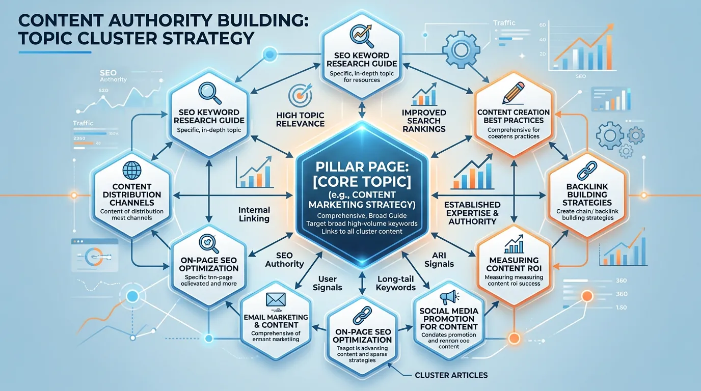 Content authority concept showing pillar page surrounded by cluster articles forming topic authority network for SEO