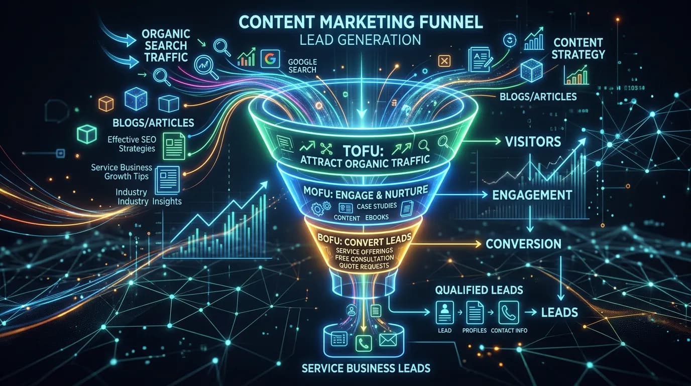 Content marketing funnel showing blog posts attracting organic traffic that converts into leads for service business