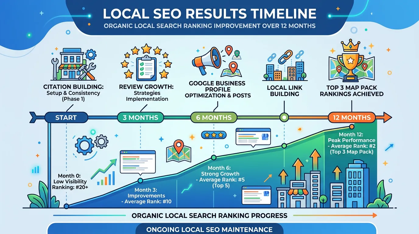 Local SEO results timeline showing organic ranking improvement over 3 6 and 12 months with milestone markers