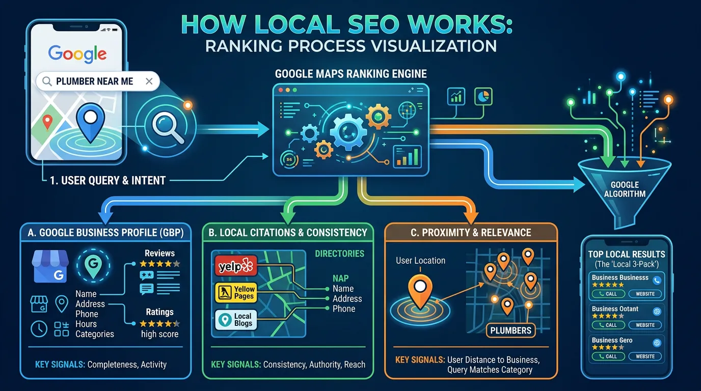 How local SEO works showing Google Maps search query matching to local business signals including GBP reviews citations