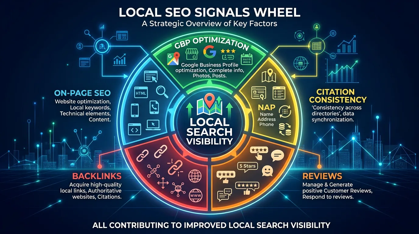 Local SEO signals wheel showing GBP optimization citation consistency reviews and backlinks contributing to visibility