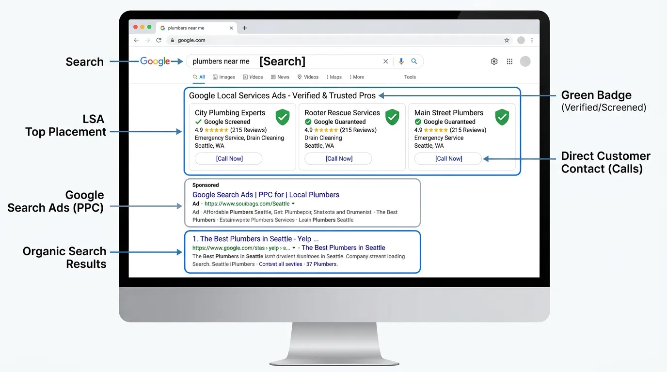 How Google Local Services Ads work showing LSA green badge appearing at top of search above regular ads