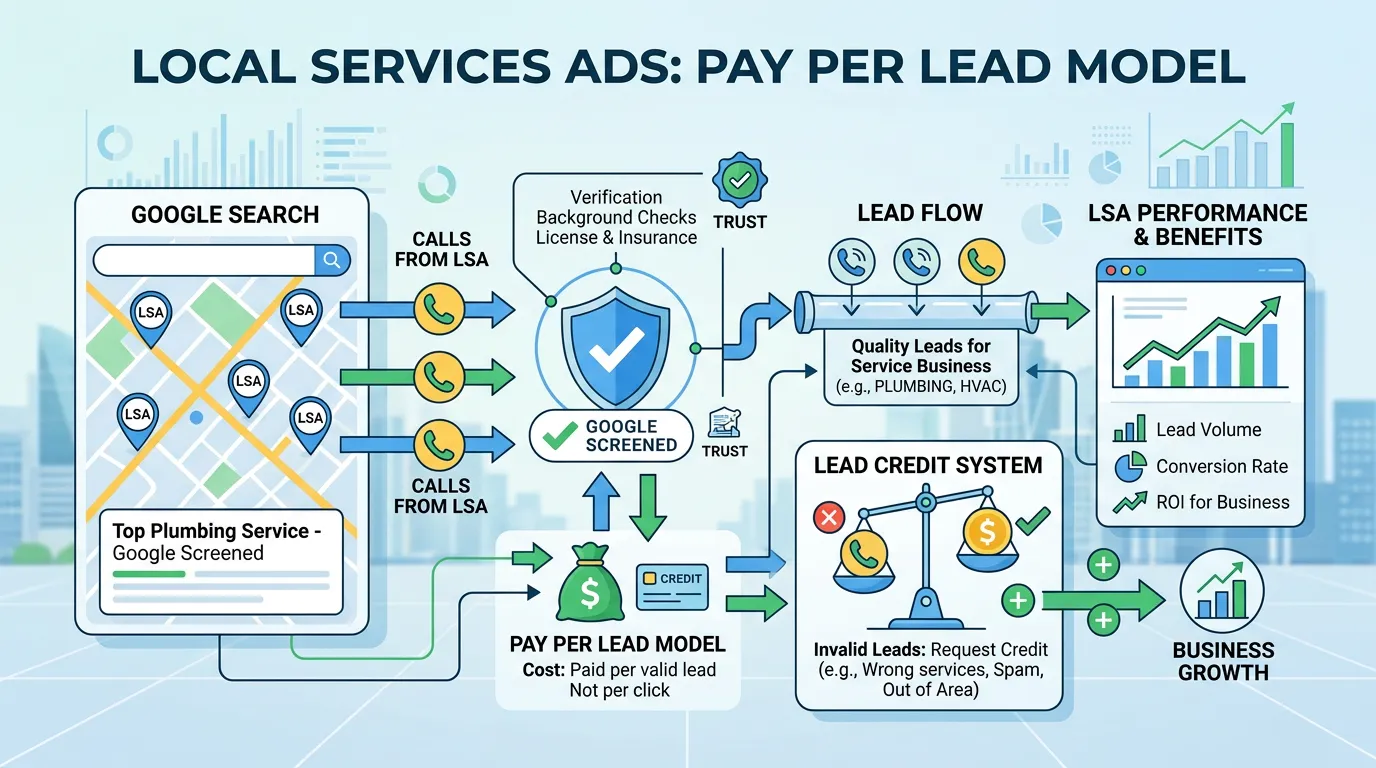 Local Services Ads pay per lead model showing calls from LSA with Google screening and lead credit system