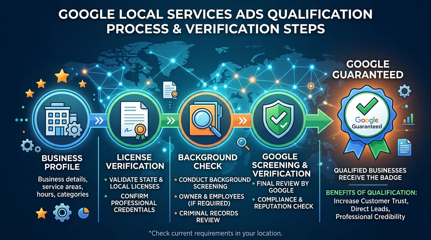 Local Services Ads qualification showing Google Guaranteed badge license verification and background check process