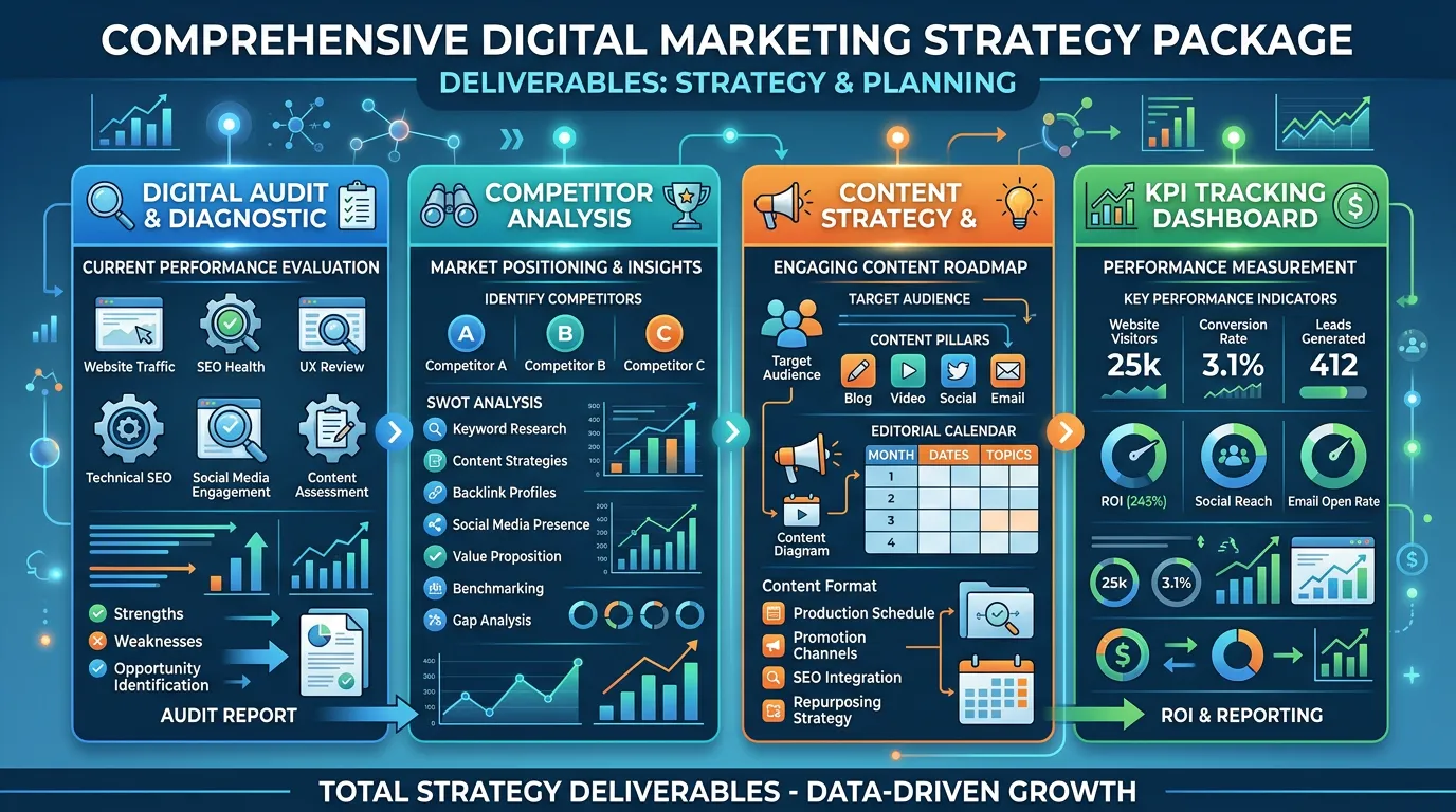 Marketing strategy deliverables showing audit competitor analysis content plan and KPI tracking all included