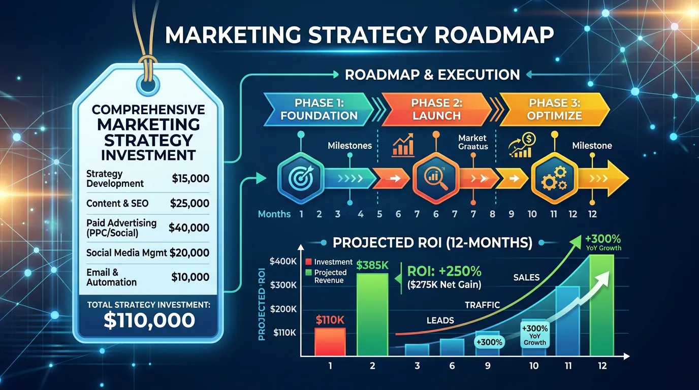 Digital marketing strategy cost concept showing investment chart and price tag for comprehensive marketing roadmap