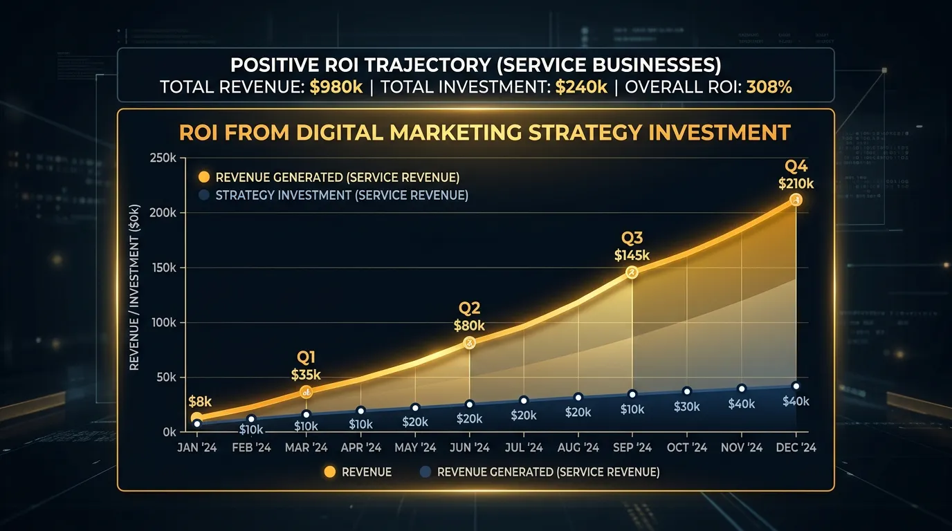 ROI from digital marketing strategy investment showing upward revenue curve relative to strategy investment