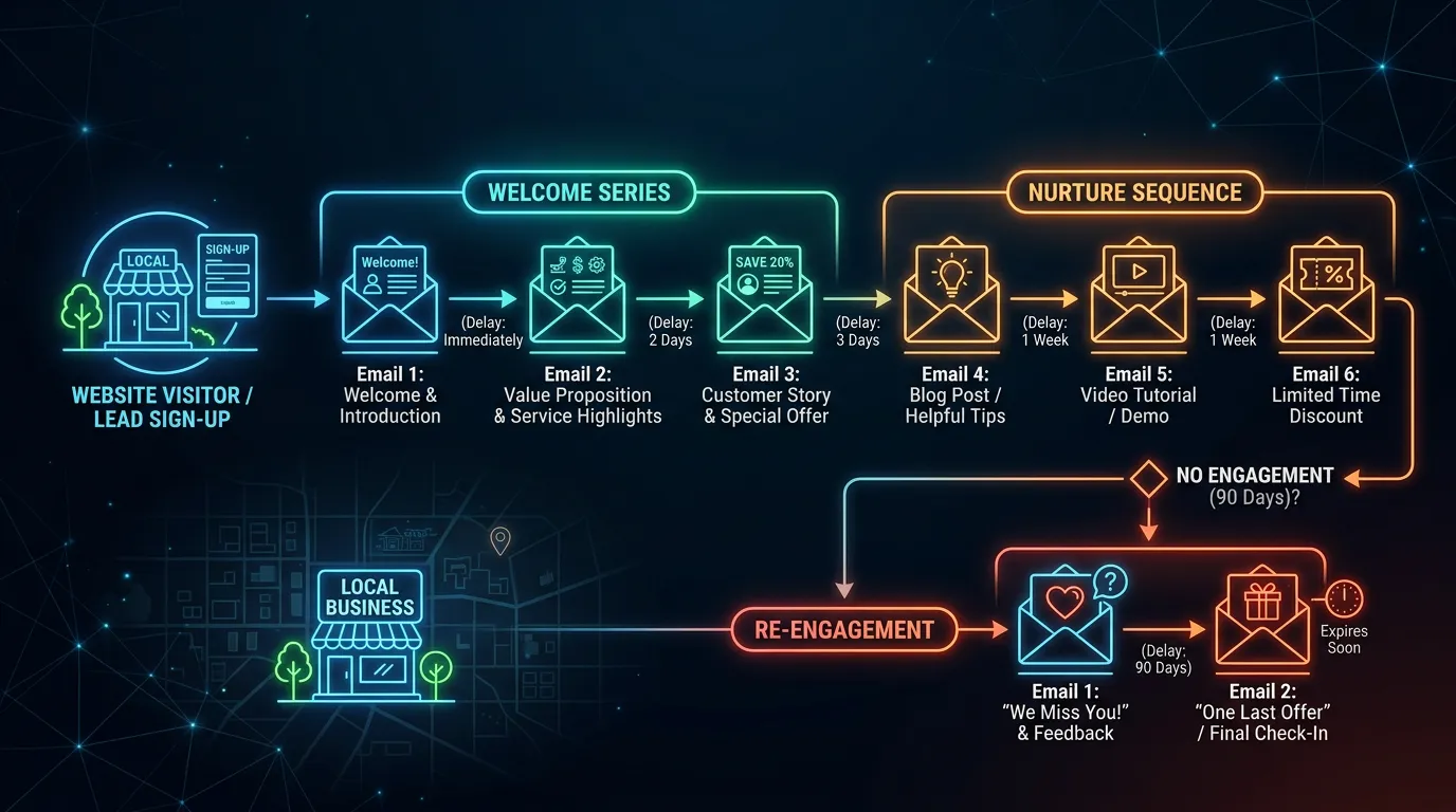 Email marketing automation workflow showing welcome series nurture sequence for local business