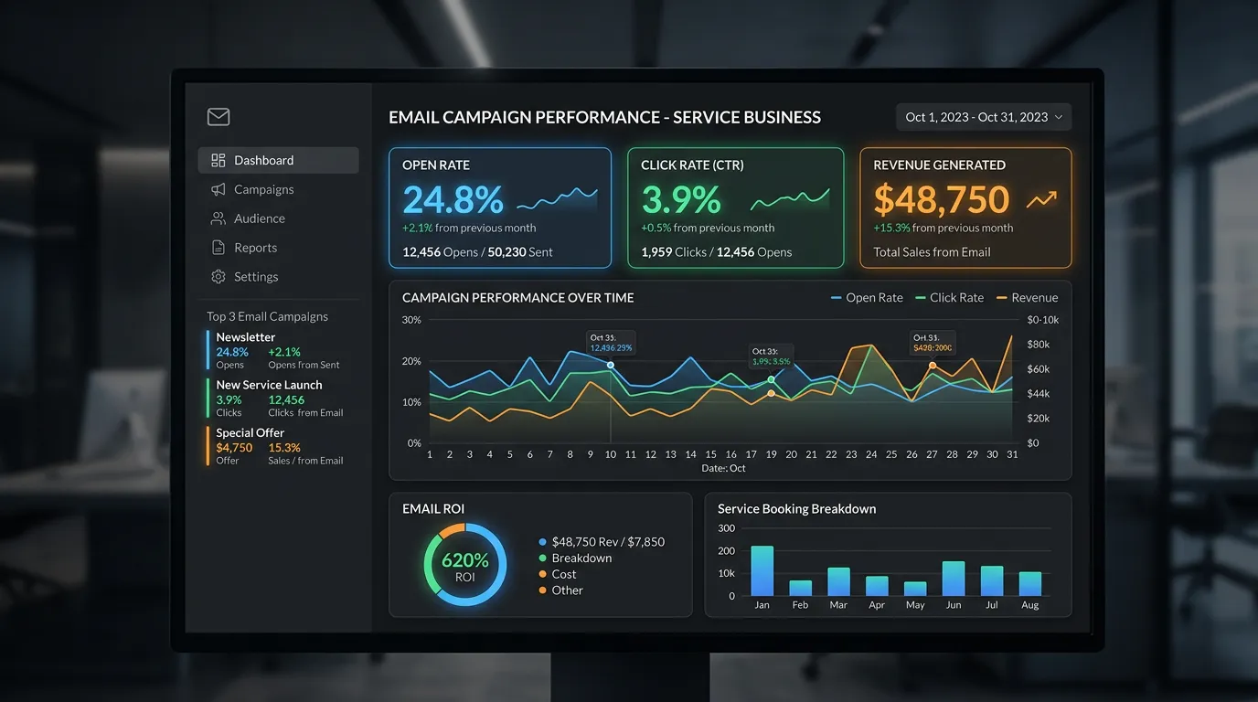 Email marketing campaign analytics showing open rate click rate and revenue from email campaigns