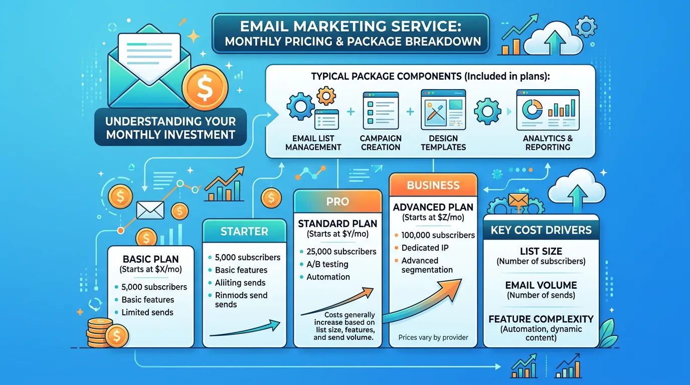 Email marketing cost showing monthly service pricing including list management campaign creation and analytics