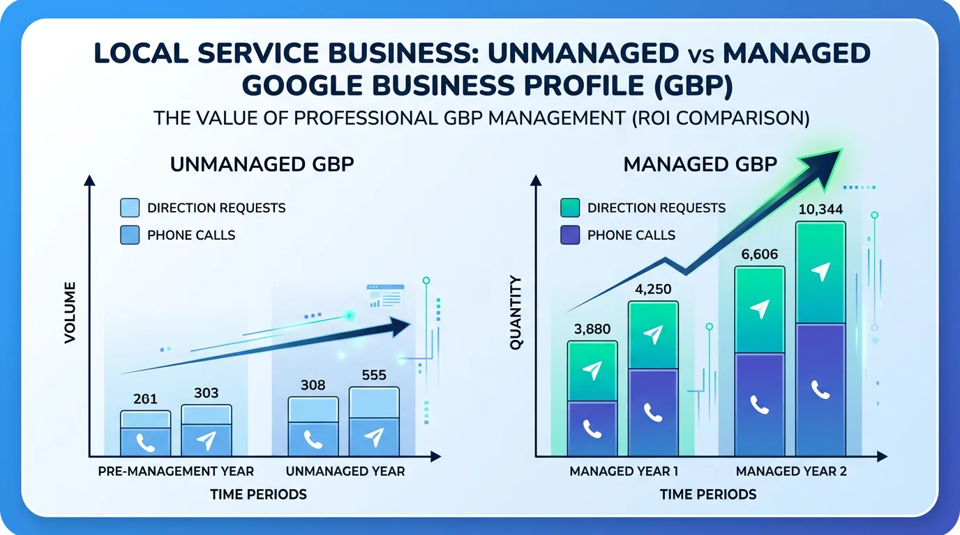 Comparison of phone calls and direction requests on a managed versus an unmanaged Google Business Profile