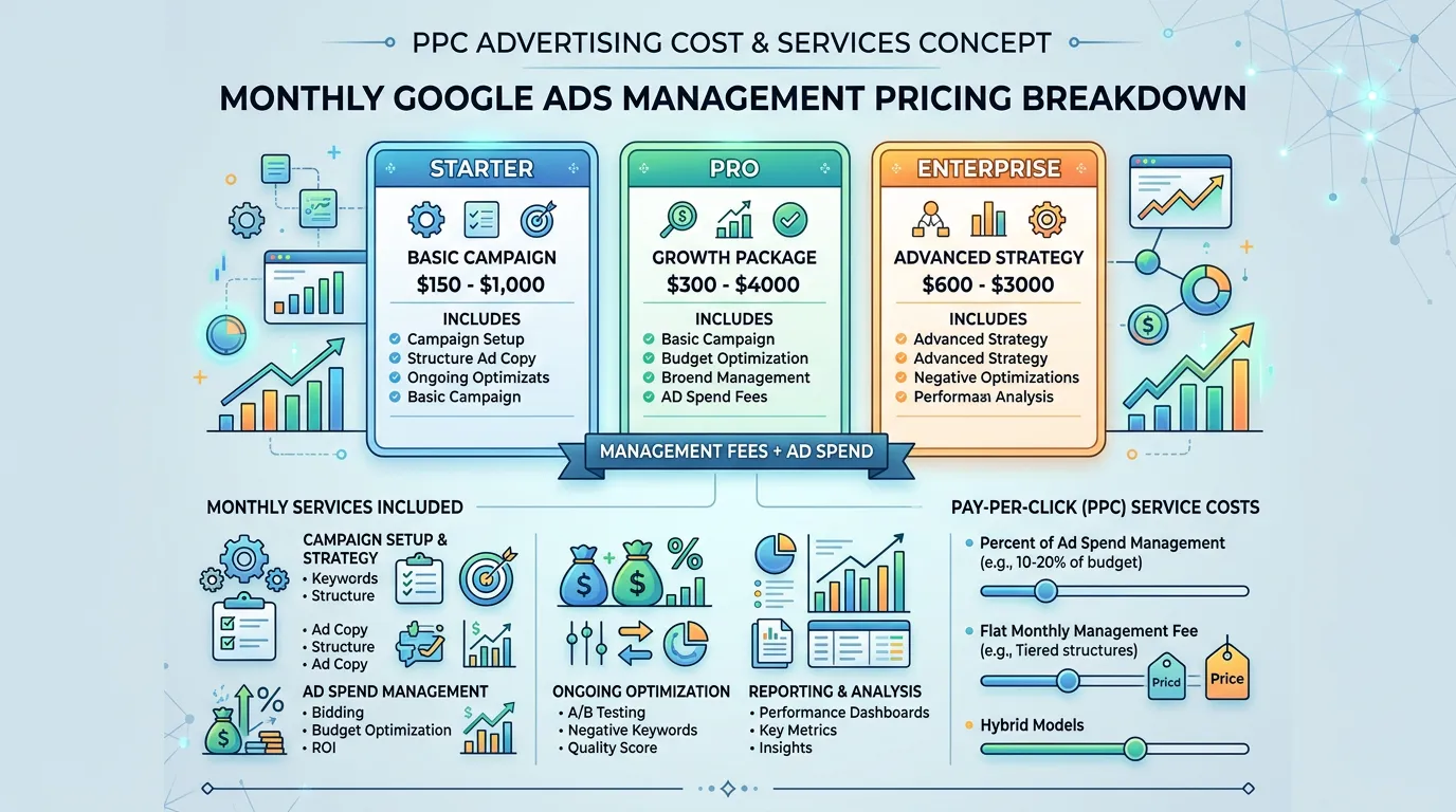 PPC advertising cost showing monthly Google Ads management pricing including campaign setup and reporting