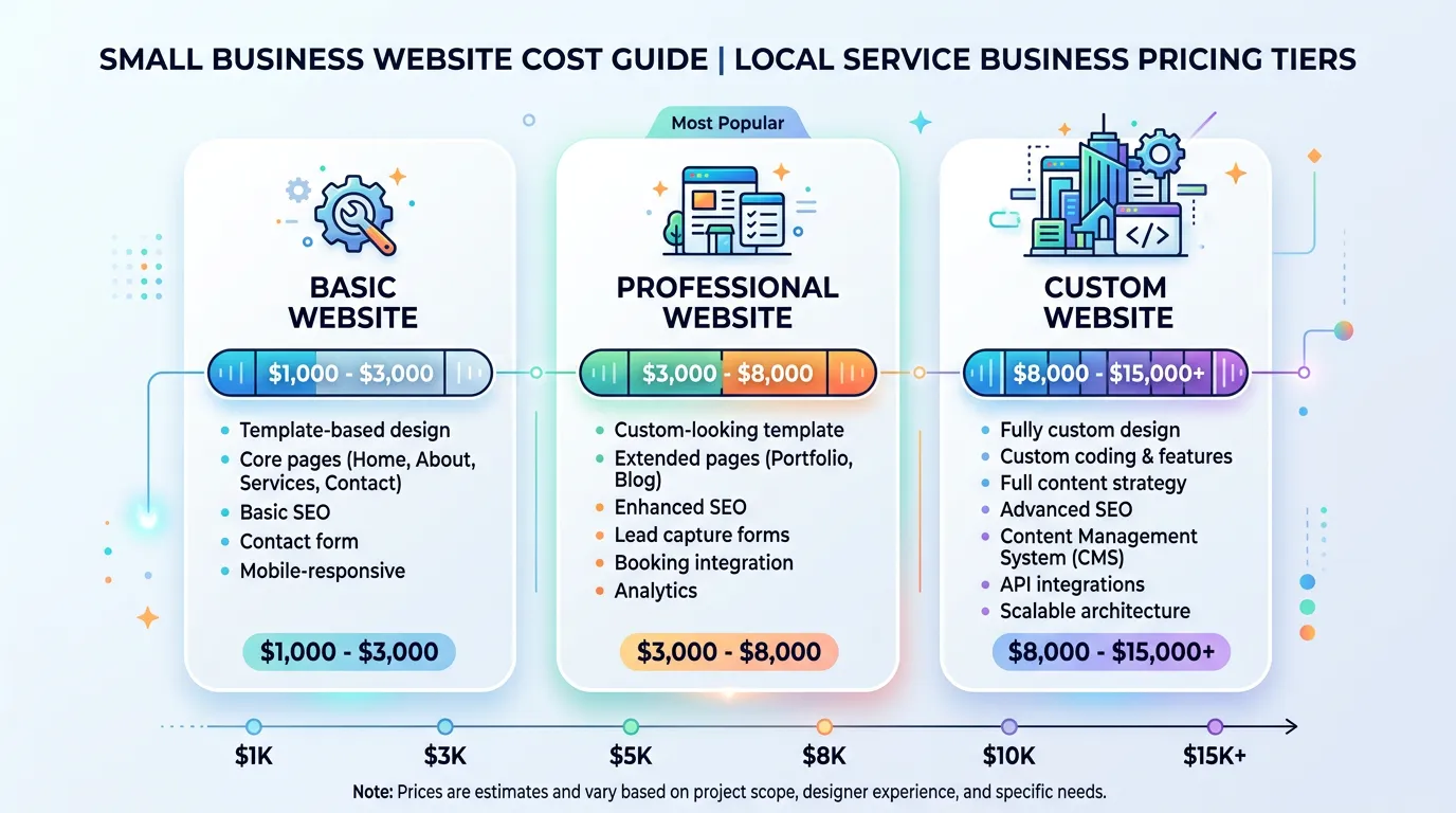 Small business website cost showing pricing tiers from basic to custom with price range visualization