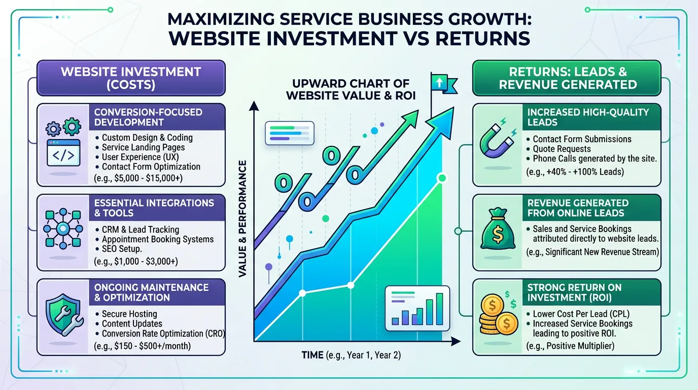 Website investment ROI showing website cost versus leads and revenue generated for service business