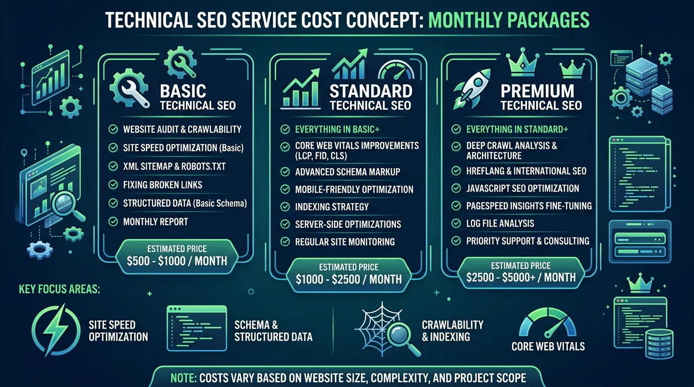 Technical SEO cost showing monthly pricing including site speed schema crawlability and Core Web Vitals work