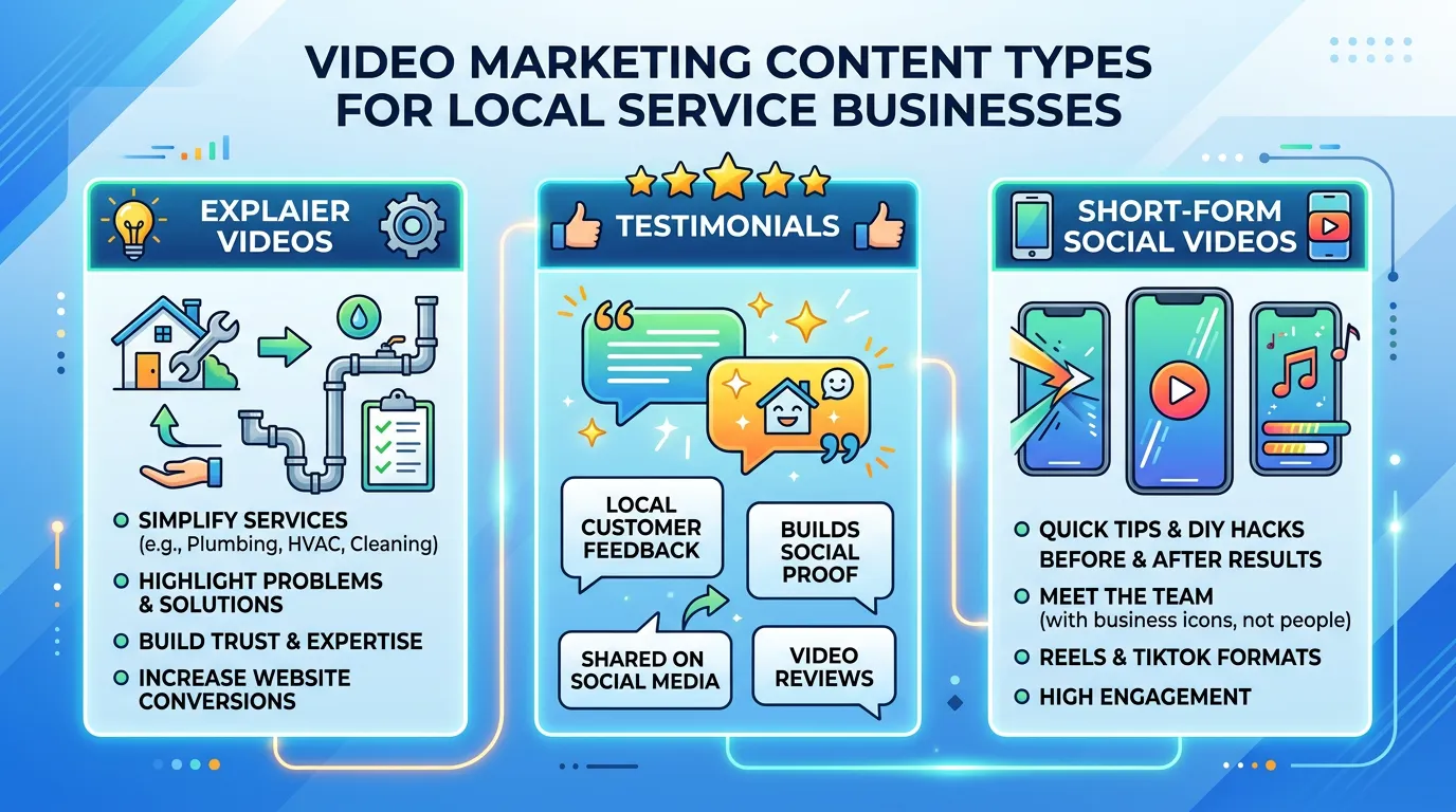 Video marketing content types showing explainer testimonials and short-form social videos for local service business