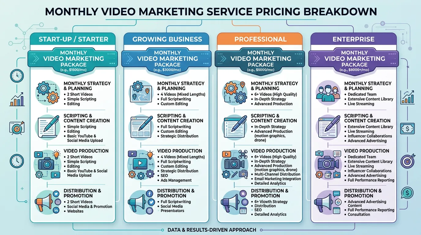 Video marketing cost showing monthly pricing including script production strategy and distribution