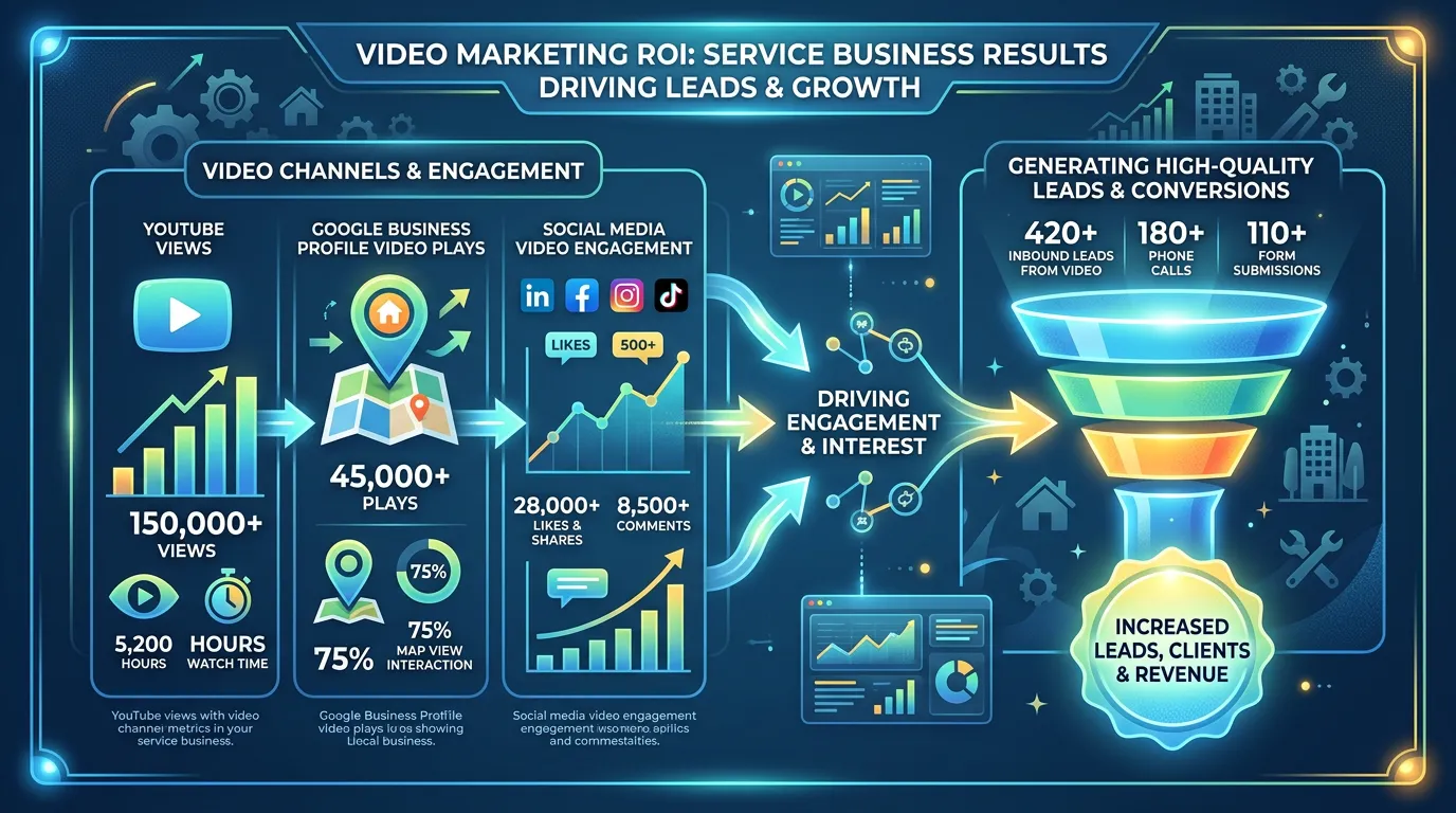 Video marketing ROI showing YouTube views GBP video plays and social media engagement driving leads