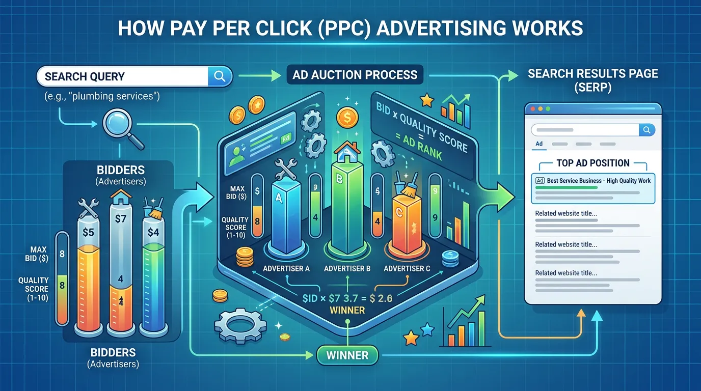 How PPC works diagram showing search query triggering ad auction where bids and quality scores determine top position