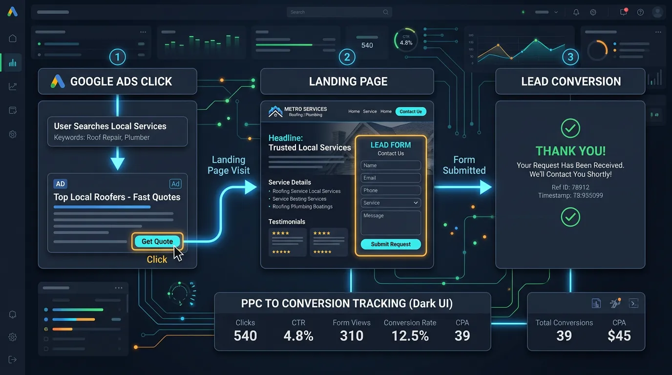 Google Ads click to conversion path showing user clicking ad landing on page and submitting lead form