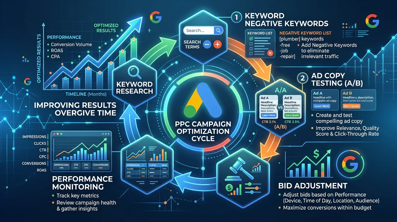 PPC optimization cycle showing keyword negative keywords ad copy testing bid adjustment improving campaign results