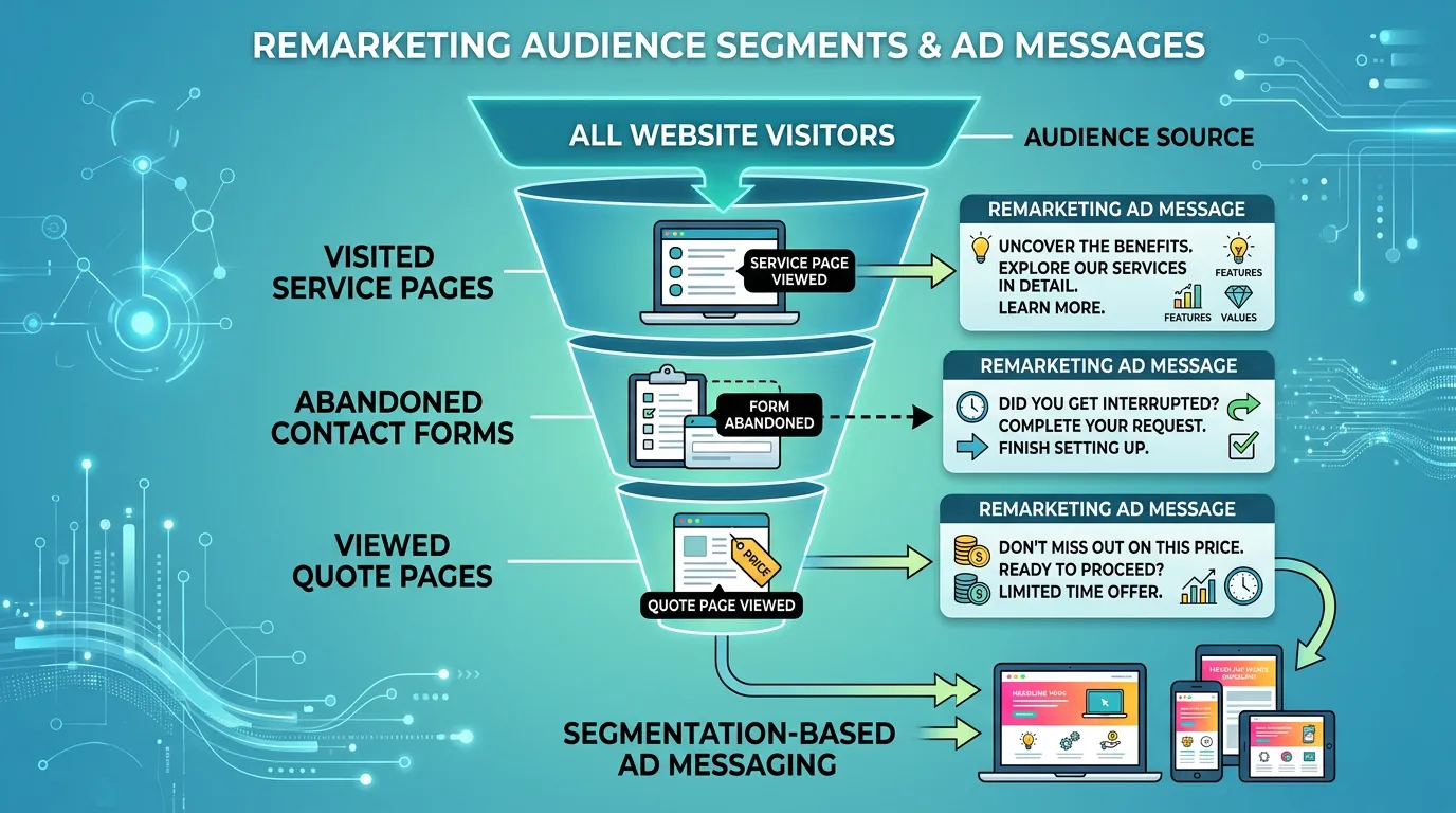 Remarketing audience segments showing different ad messages for visitors who viewed service pages or got quotes