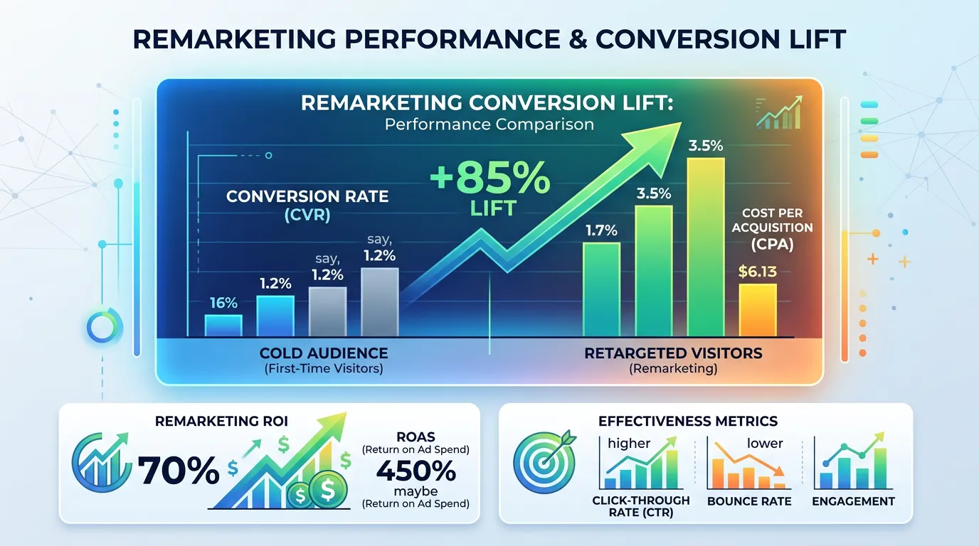 Remarketing conversion lift showing higher conversion rates from retargeted visitors versus cold audiences