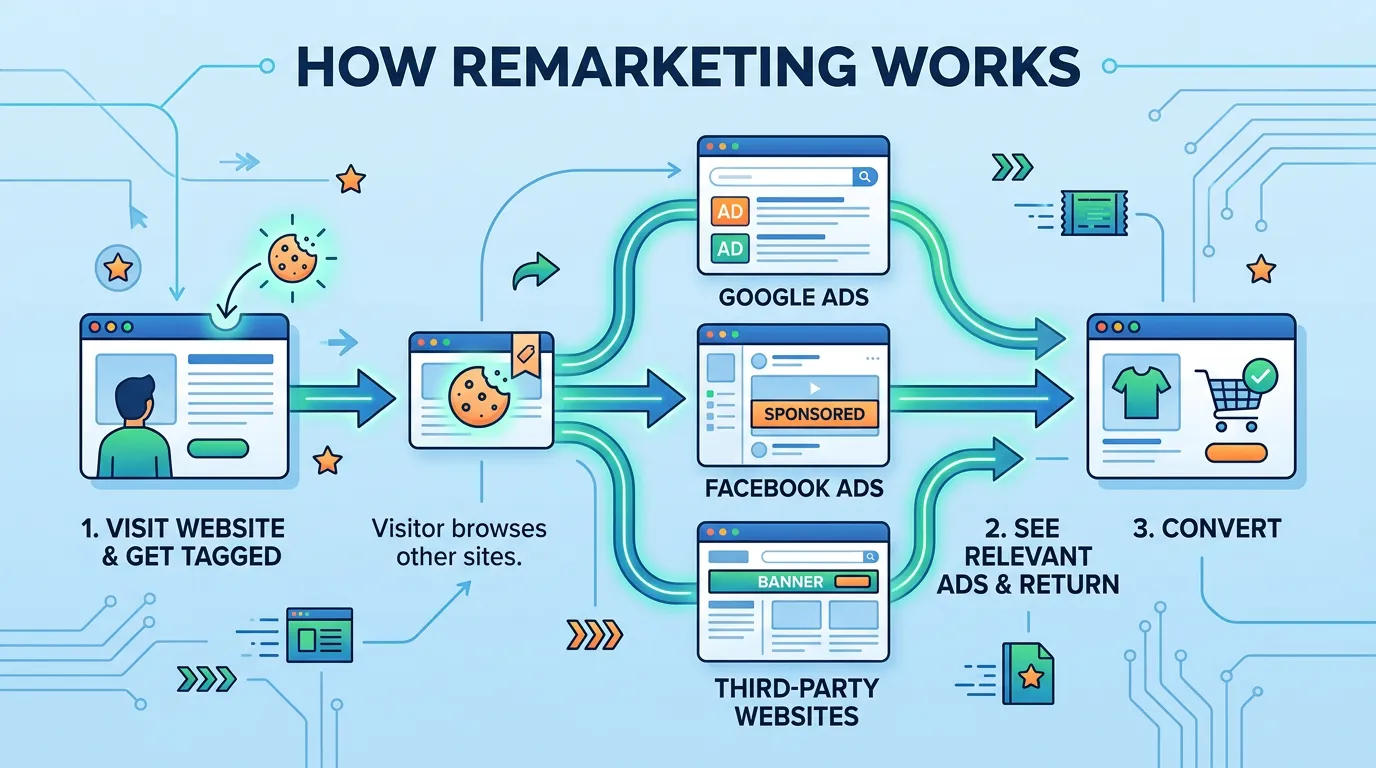 How remarketing works showing website visitor tagged by pixel then seeing follow-up ads as they browse internet