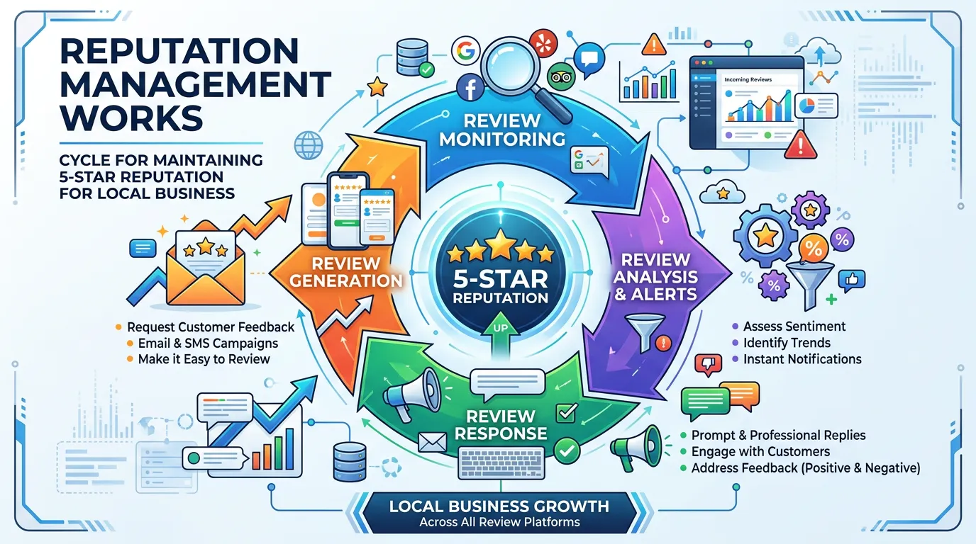 How reputation management works showing review monitoring response and generation cycle for 5-star reputation