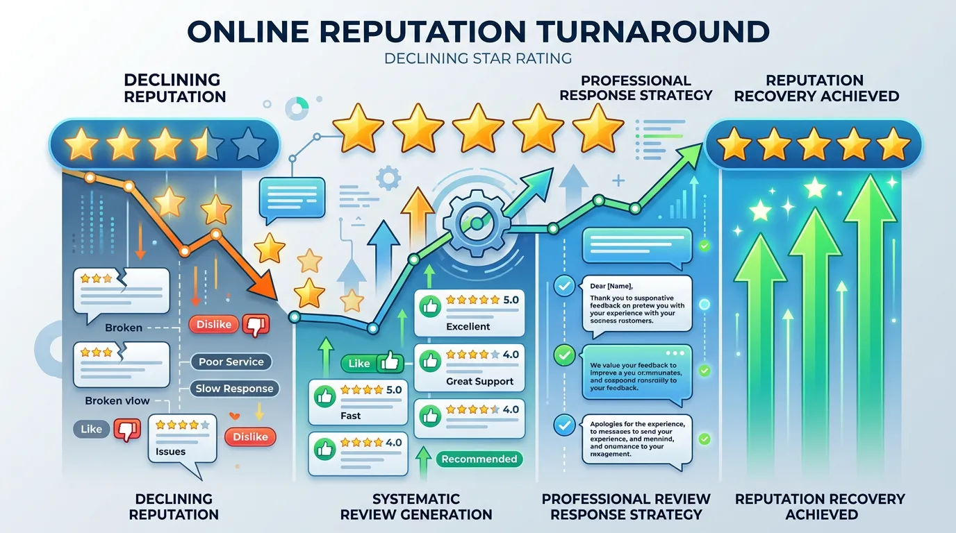 Reputation recovery showing declining star rating being restored through systematic review and response strategy