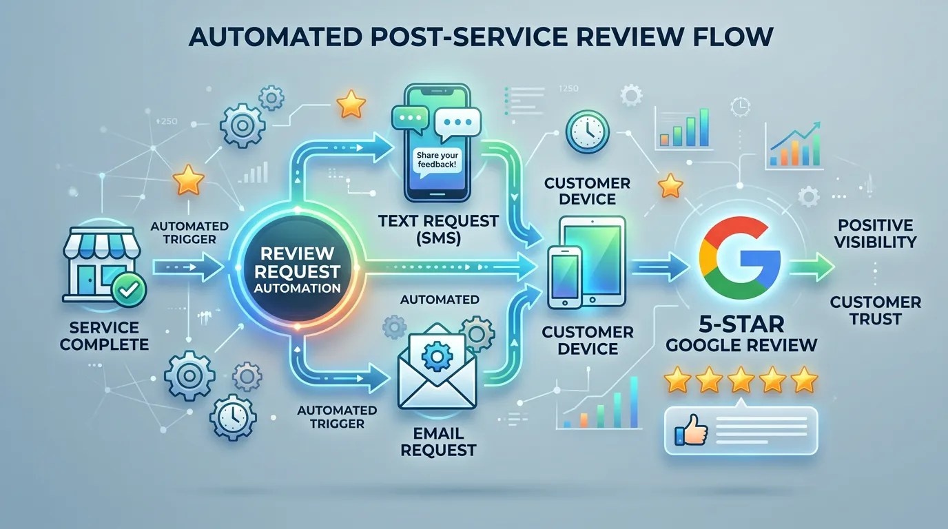 Review generation automation showing post-service automated review request being sent leading to 5-star Google review