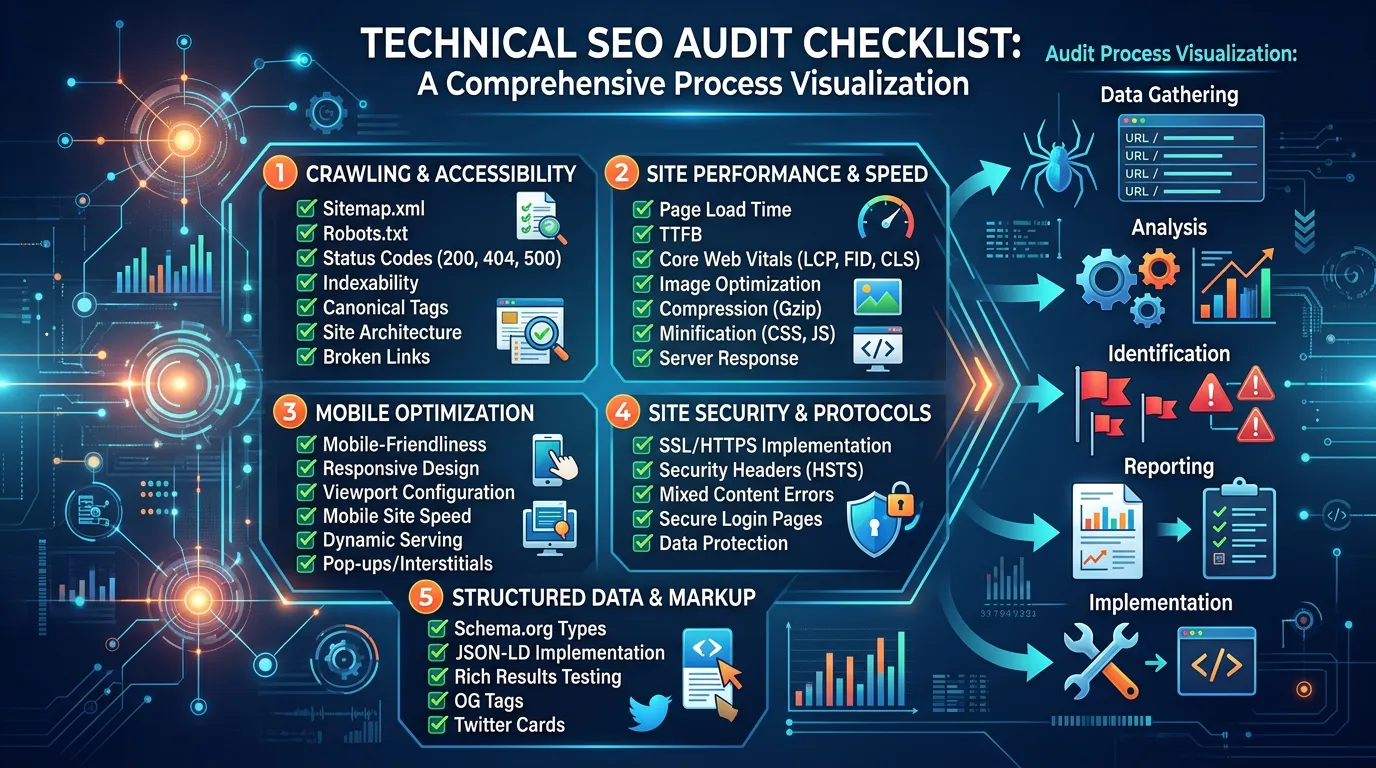 Technical SEO audit checklist showing all elements checked including mobile SSL crawl errors speed and structured data